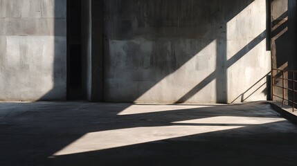 Harsh sunlight casting geometric shadows across a raw concrete interior space image