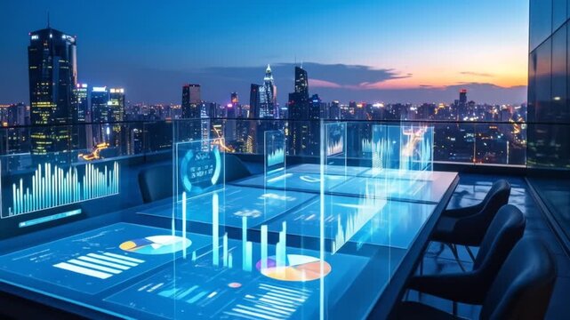 Futuristic meeting space with interactive data displays against the cityscape at dusk - Powered by Adobe