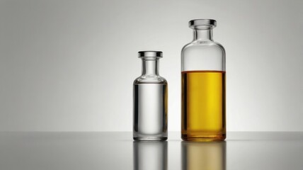 Sleek Glass Vials with Contrasting Clear and Golden Liquids on a Reflective Surface.
