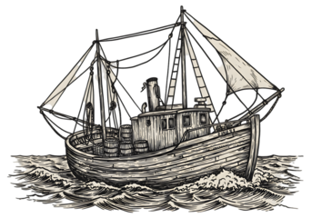 Illustration of Sailing Boat on Waves in Black and White Isolated View