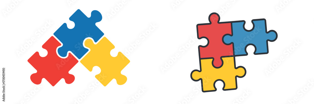 Poster set of colorful puzzle piece icons representing concepts of teamwork, business connection, and strat