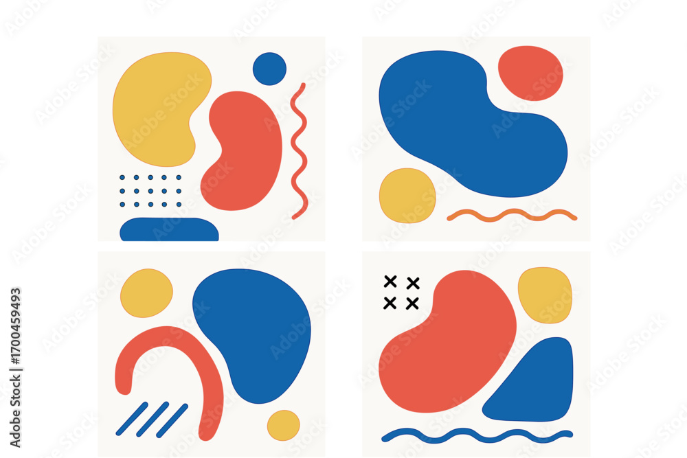 Poster set of four abstract compositions with geometric and organic shapes in primary colors, modern minima