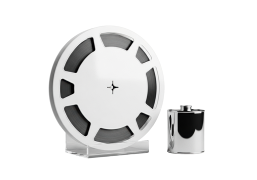 Pristine vintage film reel, blank white screen, dark border, and polished chrome canister on clear stand, isolated on transparent background, high-end product showcase - Powered by Adobe