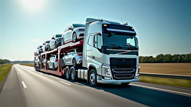 Large auto-transport truck loaded with new vehicles modern cars driving on a highway.