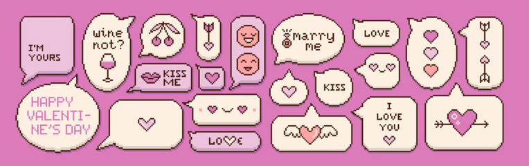Pixel art speech bubbles big set, dialog boxes collection with funny greeting quotes, hearts, emoji. Retro 8-bit inspired design perfect for gaming, social media, banners and nostalgic posters. Vector