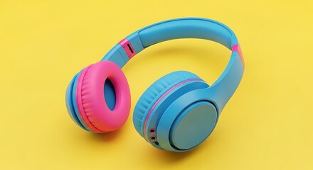 Vibrant Blue and Pink Headphones on Yellow Background