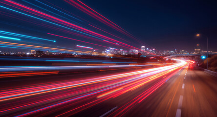 Fototapeta premium Light trails from cars driving on highway leading to illuminated city skyline at night