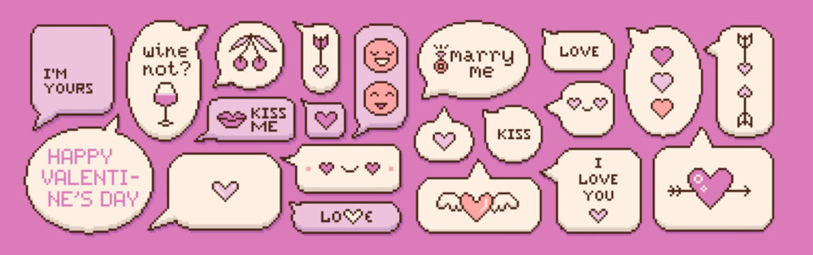Pixel art speech bubbles big set, dialog boxes collection with funny greeting quotes, hearts, emoji. Retro 8-bit inspired design perfect for gaming, social media, banners and nostalgic posters. Vector