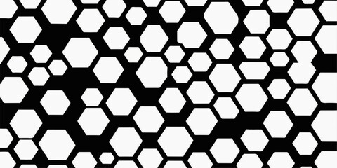 Vector illustration of a seamless geometric honeycomb pattern with black hexagons for a tech backdrop