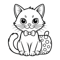 Obraz premium Charming cartoon cat with a bow tie, a simple coloring page outline