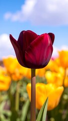 A striking dark red tulip stands out against a backdrop of vibrant yellow tulips in a garden setting under a partly cloudy sky.