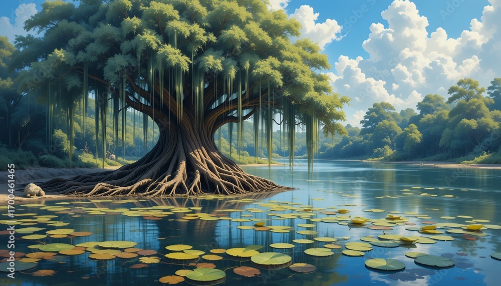 Poster a serene riverside scene featuring a large ancient tree with hanging vines and abundant lily pads