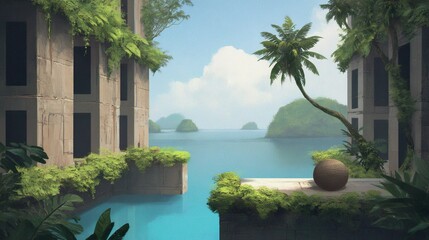 Tropical island scene with lush vegetation and structures