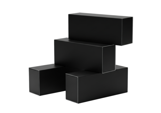 Three identical, sleek, minimalist matte black product boxes, rectangular, no branding, in an ascending offset stack on a transparent high-key studio background. Concept of premium minimalist design