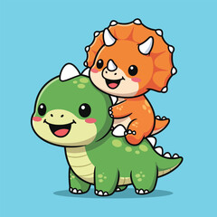 Cute cartoon triceratops riding a friendly dinosaur. © tahubulat