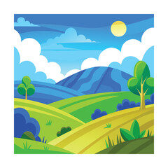 Fototapeta premium Cartoon Blue Sky with Rolling Hills Landscape
