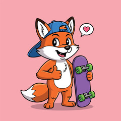 A cute cartoon fox wearing a hat holds a skateboard and gives a thumbs up.