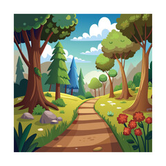 Fototapeta premium Cartoon Countryside Footpath Through Forest Drawing