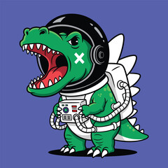 Cartoon dinosaur astronaut with open mouth and space suit on a blue background.