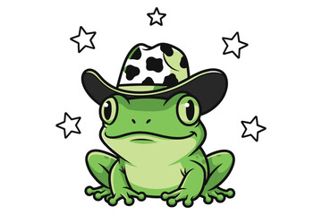 Fototapeta premium A cheerful cartoon frog wearing a cowboy hat isolated on white background, surrounded by stars, creating a whimsical and playful illustration vector illustration