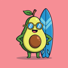 A cute cartoon avocado character wearing sunglasses and holding a blue surfboard, ready for summer surfing.