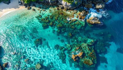 Fototapeta premium A high-angle view of a tranquil turquoise cove, showcasing vibrant underwater rocks and a pristine white-sand beach.