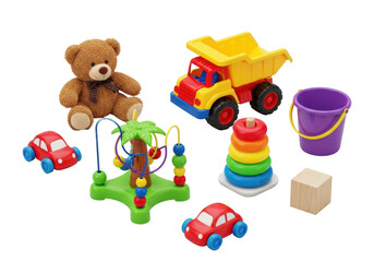 Obraz premium Artfully arranged children's toys: brown teddy bear, dump truck, bead maze, stacking rings, isolated on clean transparent, high-key product concept.