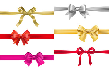 Set of colorful decorative gift bows and ribbons in gold, silver, red, and pink. Realistic satin bow collection for holiday, celebration, and festive design elements.