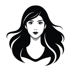 Stylized Portrait of a Woman with Flowing Black Hair in Monochrome Illustration