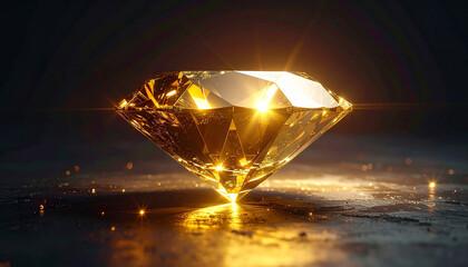 Fototapeta premium Golden diamond shaped object glowing on dark background. Uniqueness and premium value