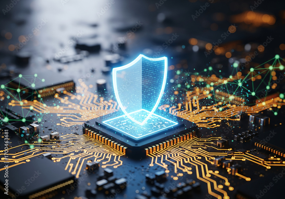 Poster cybersecurity concept: glowing shield on a microchip.