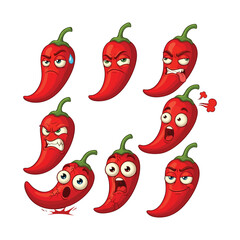 Set of Funny Cartoon Chili Pepper Characters with Various Expressions