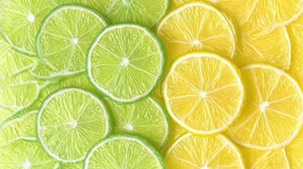 Fototapeta premium fresh juicy lemon and lime slices such as background,Vibrant composition of lemon slices arranged in two contrasting halves,still life food design