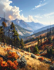 A vibrant autumnal vista showcases a mountain valley, filled with colorful foliage and rugged peaks under a brilliant sky.