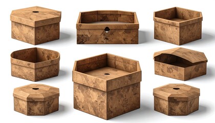 Assorted hexagon-shaped boxes with a light brown, marbled pattern, showcasing various perspectives and open/closed lid configurations.
