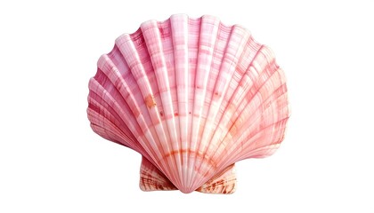 A vibrant pink seashell, showcasing intricate patterns and delicate ribbing, is centered against a stark white background.
