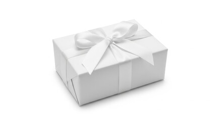 White Gift Box with Satin Ribbon Bow on Plain White Background
