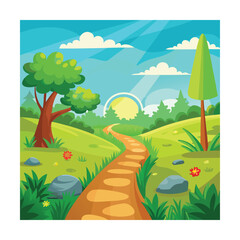 Fototapeta premium Cartoon Summer Trail with Bright Grass Scene