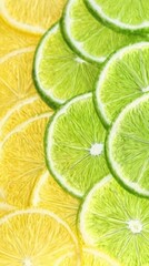fresh juicy lemon and lime slices such as background,Vibrant composition of lemon slices arranged in two contrasting halves,still life food design