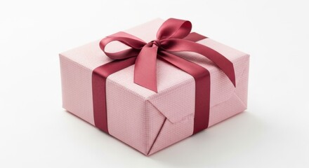 Fototapeta premium Pink Gift Box Wrapped with Red Satin Ribbon and Bow on White Background