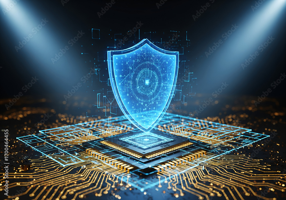 Poster digital shield graphic over a circuit board, showcasing cybersecurity and technology.