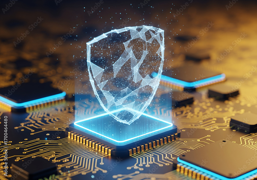 Aufkleber cybersecurity digital shield on a microchip.