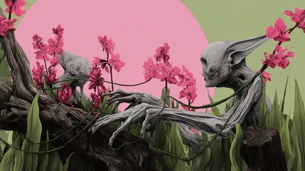 Surreal figure surrounded by flowers and plants