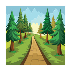 Pathway Between Tall Pines in Cartoon Style
