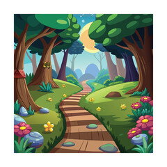 Pathway into Enchanted Forest in Cartoon Style