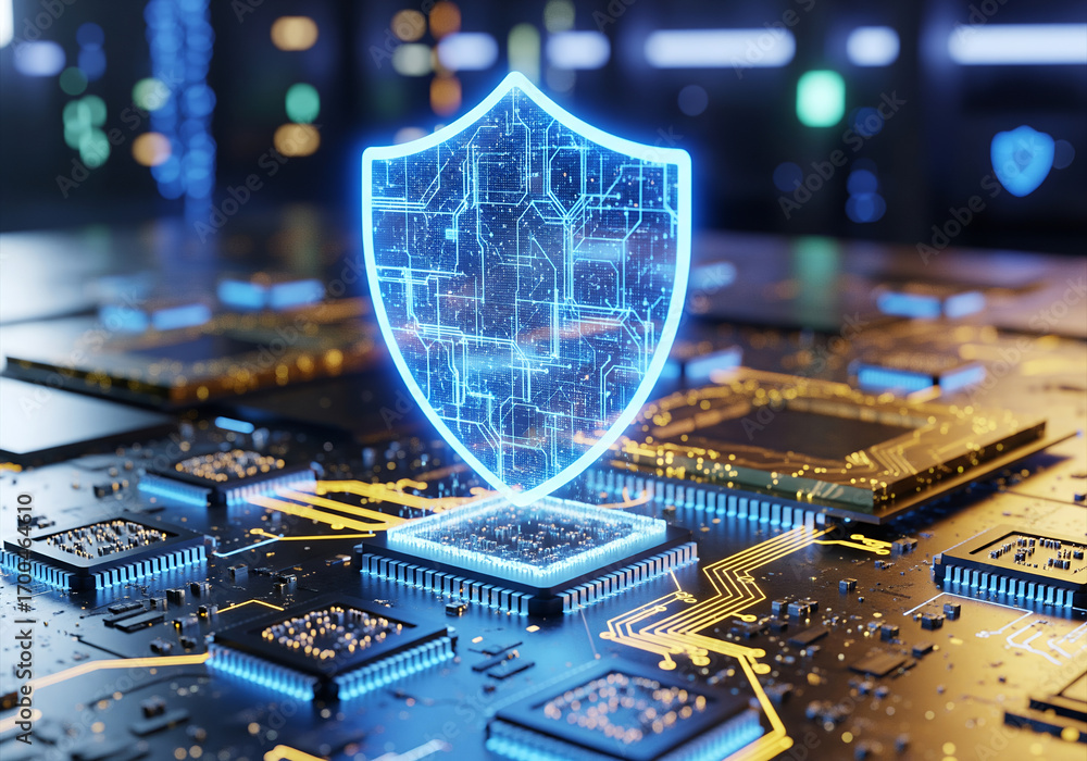 Poster cybersecurity and data protection symbolized by a glowing holographic shield on a high-tech circuit 