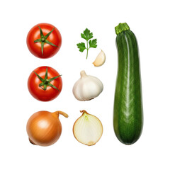 Fresh red tomatoes, green zucchini, golden onions, garlic, parsley, and sea salt meticulously arranged on a clean, shadowless transparent studio background, gourmet culinary product presentation