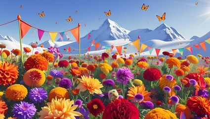 Vibrant mountain meadow celebration with butterflies and flags