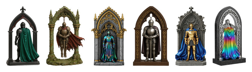 Fototapeta premium Medieval knight statues set including various armor, cape, and gothic shrine designs isolated. Fantasy and historical decor.