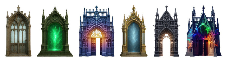Obraz premium Gothic portal set including closed, glowing, open, magical, and ornate stone archways isolated. Fantasy game assets and mystical gateway collection.